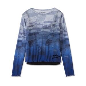 Harley-Davidson Women 2XL Blue Checkered Mesh Long Sleeve Lettuce Edge‎ Top